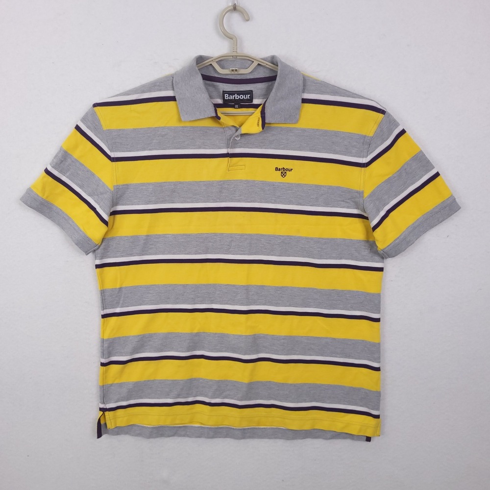 Barbour Polo Shirt Mens XXL Yellow Grey Striped Cotton Short Sleeve Pique Tee